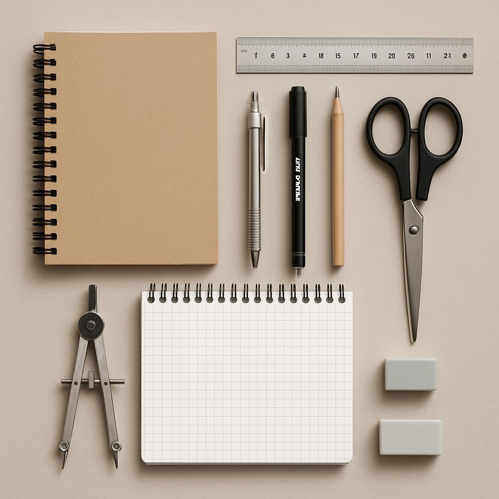 Desk with writing utensils, compass, spiral notebooks, ruler, and more. Neutral color palette.